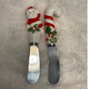 Vintage Holiday Cheese Spreaders Ceramic Handle Stainless Steel Santa Candy Cane